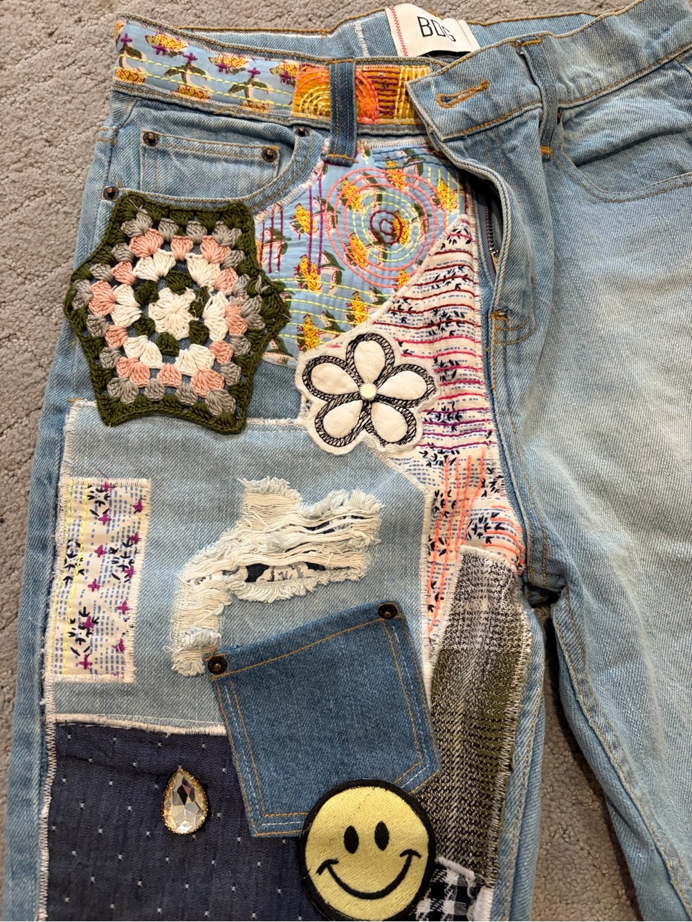BDG Light Blue Denim Flare Jeans with Colorful Patchwork - Picture 4 of 7